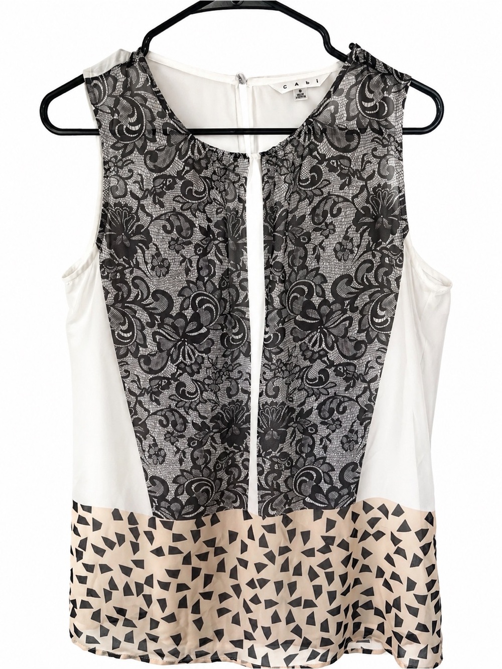 CAbi Sleeveless Women's Sheer Floral Lace Panel Top Beige Black Keyhole Back
